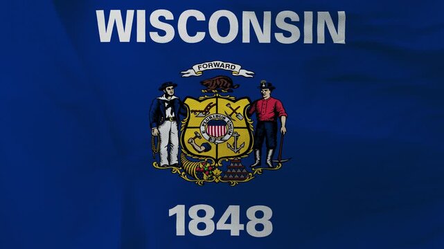Wisconsin state flag fabric with emblem on blue background