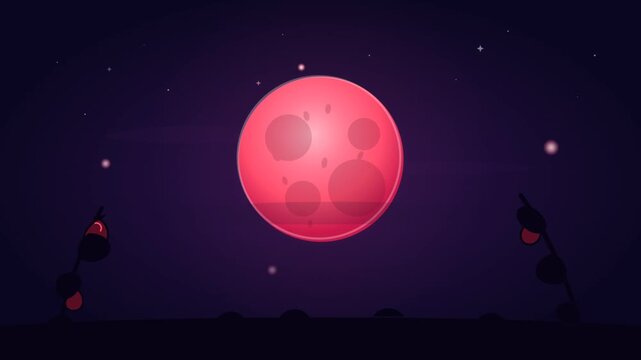 Red moon shining in dark night sky with stylized alien plants on a fantasy landscape.