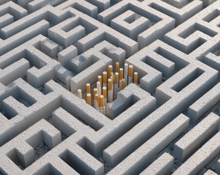 A 3D rendered maze representing the respiratory system, with a dead end blocked by a wall of cigarettes, symbolic of COPD, clean medical visualization