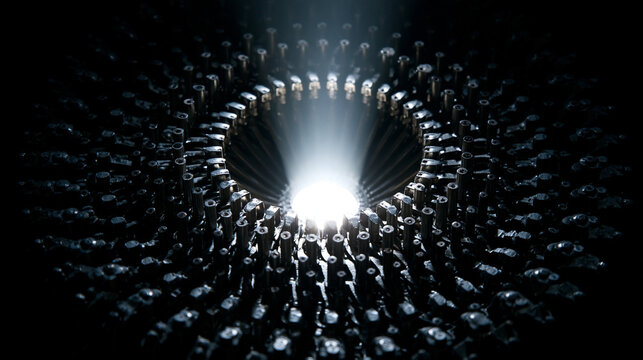 A radial metallic structure emits a strong central beam of light against a dark background.