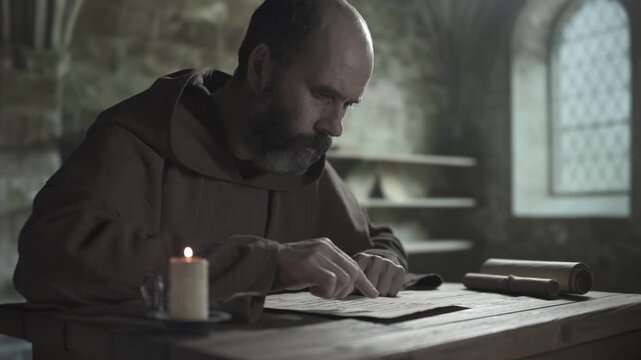 Medieval monk in a brown robe reading a religious manuscript, guiding a finger along text lines on parchment next to a burning candle inside a dark scriptorium, medium shot