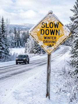 Yellow diamond sign warns drivers to slow down for winter driving conditions on a snowy road.