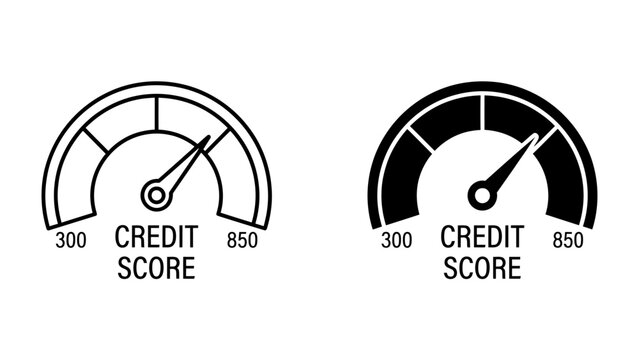 Credit Score Meter: A visual representation of a credit score meter with a needle indicating a range between 300 and 850, presented in both outline and solid black style.