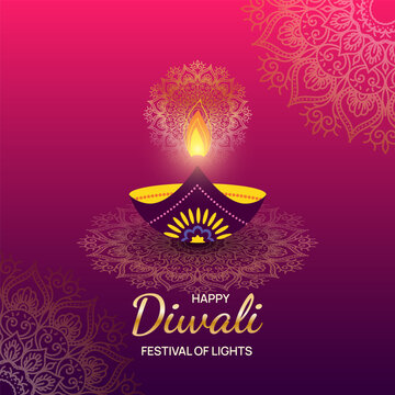 Happy Diwali Festival of Lights greeting card with glowing diya lamp. Festive background for web banner, poster, social media