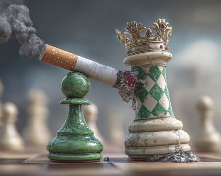 A chess game where a green pawn knocks over a giant cigarette king.
