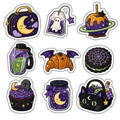 Fototapeta premium Celestial Halloween Food Sticker Icon Set with Moon Lunchbox, Bat Croissant and Black Cat Basket
