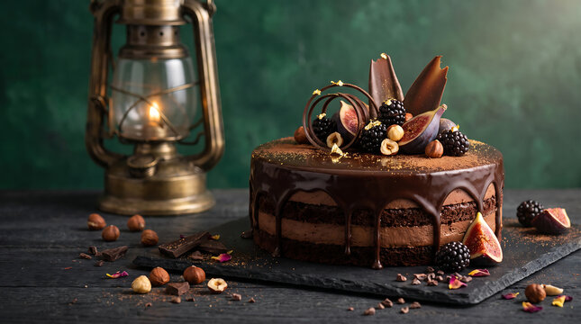 Luxury Chocolate Mousse Cake with Fresh Figs, Blackberries and Hazelnuts
Elegant Gourmet Chocolate Layer Cake with Dark Chocolate Glaze and Rustic Styling