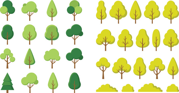 Flat tree vector icon set featuring deciduous and evergreen pine trees forests plants and foliage symbols for nature landscape maps or gaming assets