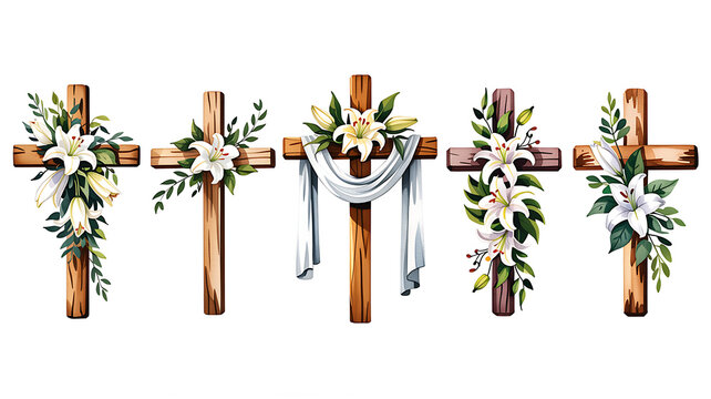 Five wooden crosses decorated with white lilies and green foliage easter religious christianity
