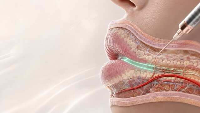 Anatomical cross section of human lips and mouth with injection needle demonstrating tissue layers