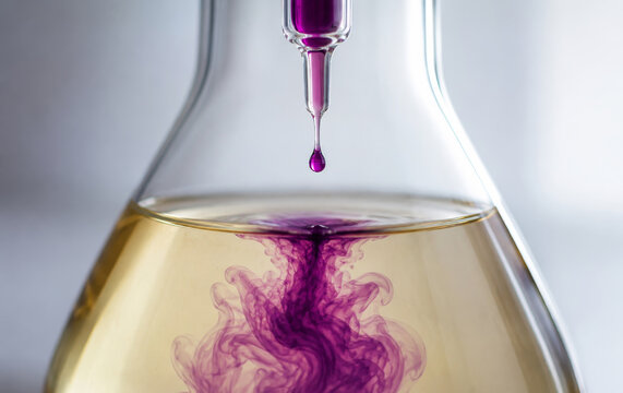 A drop of purple reagent falls from a glass burette into a flask containing white wine during an oenological analysis. A winemaker analyzes a grape sample in the laboratory.