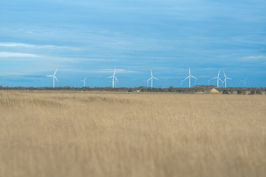 Tranquil scene of a rual farming landscape against blue sky, with renewable energy wind turbines in the horizon, Berrybank, Victoria, Australia