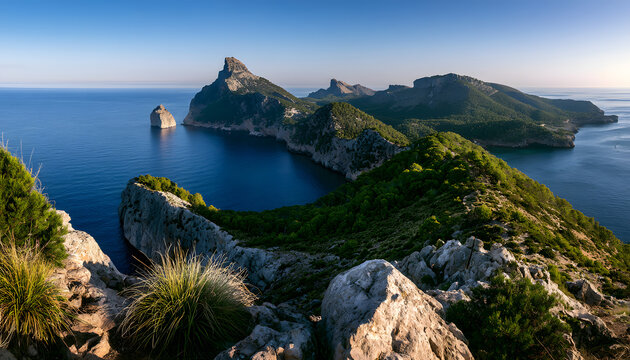 Es Colomer viewpoint, Formentor peninsula, Pollensa bay, Sierra de Tramuntana comarca, Mediterranean Sea, island Mallorca, Islands Balears, country Spain, continent Europe