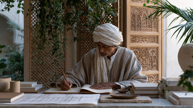 Berber architect sketching structural plans in a riad courtyard converted into a minimalist home studio, afternoon light filtering through carved wooden screens, lush hanging
