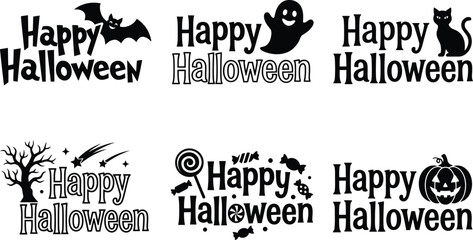 Obraz premium Halloween typographic designs with bat ghost and pumpkin vector illustrations