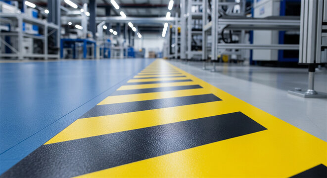 Industrial factory floor with yellow safety markings, modern warehouse interior with hazard warning stripes, clean manufacturing facility background