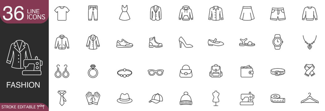 Fashion and clothing line icon set containing vector symbols of apparel, garments, footwear, accessories, and sewing tools with editable stroke