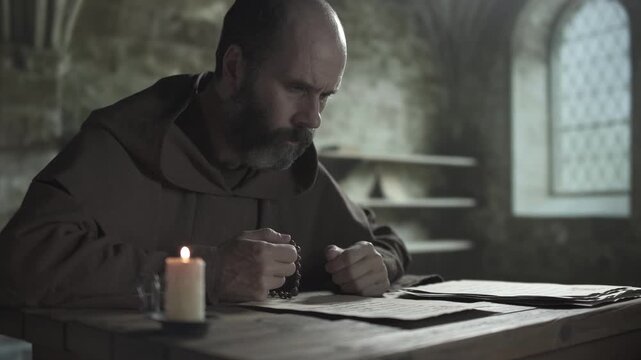 Medieval monk in a brown habit reading a liturgical psalm sheet, counting rosary beads on a table next to a burning candle, inside a monastery scriptorium, medium shot