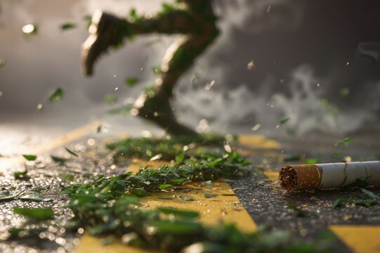 A cinematic scene of a runner crossing a finish line made of green vines, with a broken cigarette lying trampled on the ground behind them, victory and health concept, dynamic motion blur