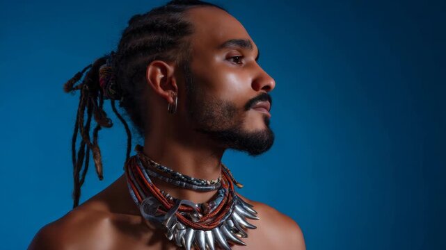 An individual wearing traditional necklaces looking away from the camera