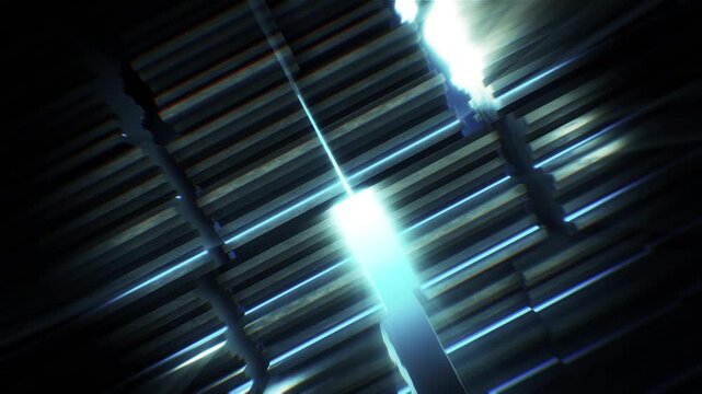 A dark futuristic background loop featuring acoustic tech style panels that move and spin in a random motion.
