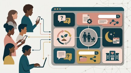 Fototapeta premium HR staff engage with various support resources for family building benefits at work while using digital devices to seek information