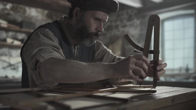 Medieval inventor measuring elements of an ornithopter wing with a wooden compass on a rustic table inside a workshop with stone walls