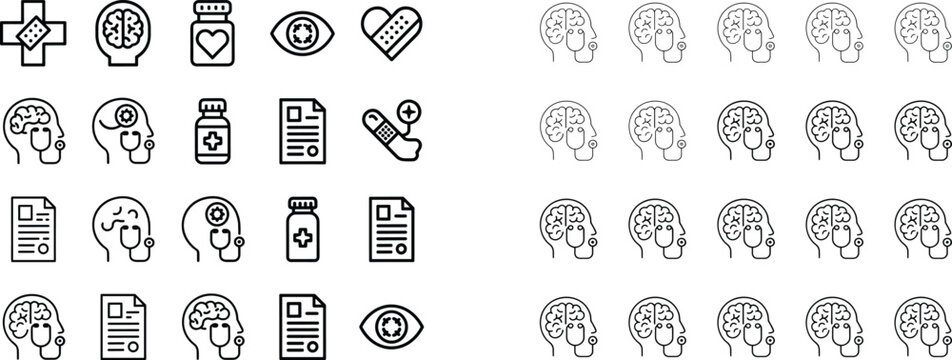 Medical healthcare line icon set featuring human brain psychology mental health medicine bottle first aid cross clinical patient data and finger pulse oximeter
