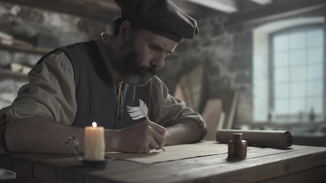 A medieval artist drawing a line segment with a quill pen on a geometric sketch and writing letters at the ends near an inkpot and a burning candle inside a dimly lit workshop