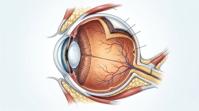 Human eye cross section diagram demonstrating detailed anatomical structure, visualizing medical education scheme, showing internal healthy anatomy with optical nerve pathway.