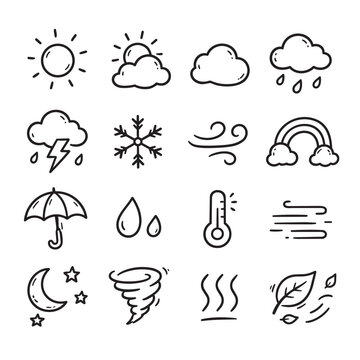 Hand drawn weather doodle icon set with black outline symbols including sun, clouds, rain, storm, snow, wind, rainbow, umbrella, thermometer, moon, stars and leaves.