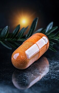 Macro shot of a golden biohacking supplement capsule with green leaves in a dark moody setting