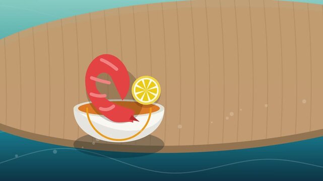 A lobster sits in a white bowl on a wooden table with a lemon slice on the side near water.