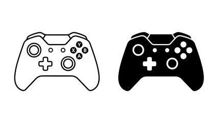 Video Game Controller Icons: A pair of video game controllers, one depicted in outline and the other as a solid silhouette, symbolizing the digital entertainment and interactive gaming world. © abidakhatun