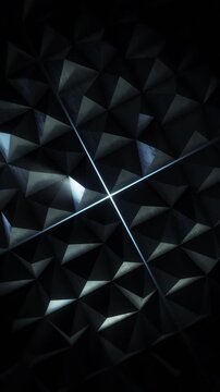 A dark futuristic background loop featuring acoustic tech style panels that move and spin in a random motion.
