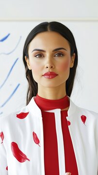 Expressive professional woman talking in a modern office setting with style