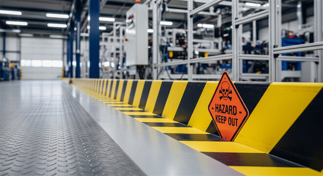 Industrial safety hazard sign in modern factory, yellow and black warning stripes on warehouse floor, restricted area in manufacturing facility