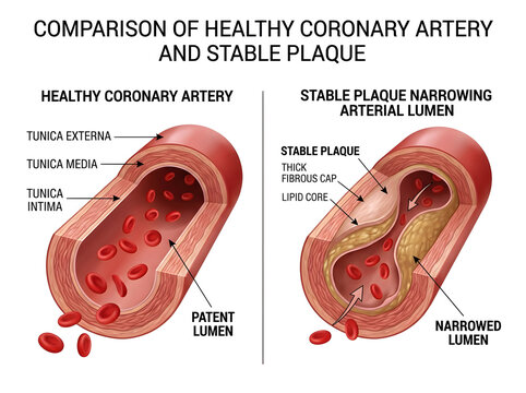 Healthy vs plaque narrowed coronary artery comparison illustration isolated on white background