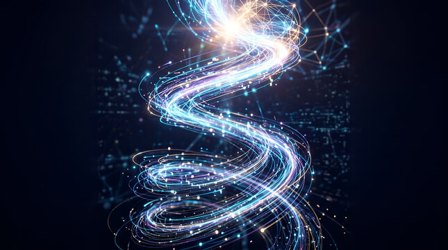 Abstract Glowing Fiber Optic Light Swirl Representing Big Data and AI Technology Network background