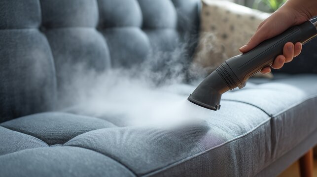 Hand using steam cleaner on sofa fabric to remove stain and sanitize upholstery, showing modern home clean and fabric care.