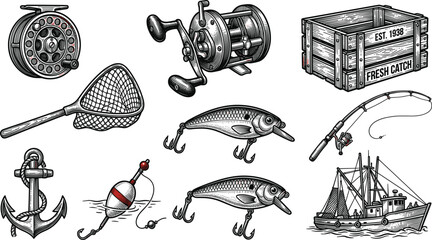 Vintage Fishing Equipment and Gear Vector Element Set Featuring Reels, Rod, Boat, Anchor, Lures, Net, and Wooden Crate in Hand Drawn Engraving Style © Bijoy