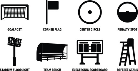 Set of black icons illustrating essential football stadium equipment and facilities for sports match design projects © MstAshida