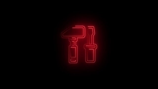 Glowing neon setting icon, spinning gears setting animation. Technology Wrench setting icon. on the black, background Animation of glowing neon Wrench tools and hammer icon