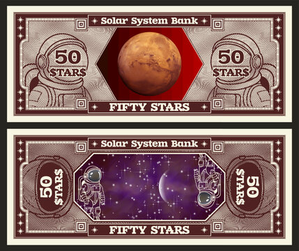 Vector obverse, reverse of space banknote. Denomination of 50 stars. Planet Mars and blurred abstract cosmos. Astronaut and spacesuit, grid. Play money. Solar system bank. Fifty. Cosmic note