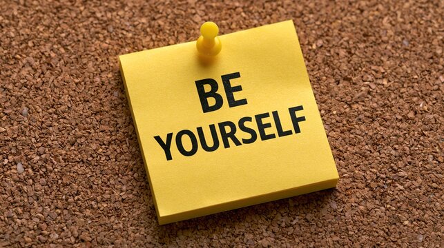 Motivational text be yourself printed on yellow sticky note pinned with yellow push pin on brown corkboard shows positive self-inspiration concept