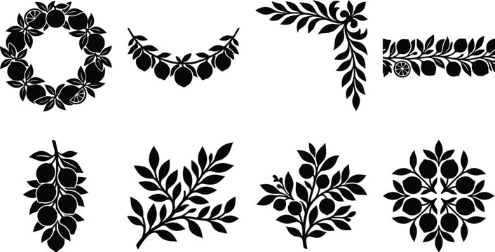 Set of decorative black lemon fruit and foliage silhouettes for elegant organic design borders and patterns