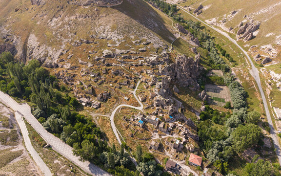 Aerial View of Soganli Valley in Yesilhisar Kayseri Turkey with Ancient Rock Churches Fairy Chimneys and Byzantine Heritage