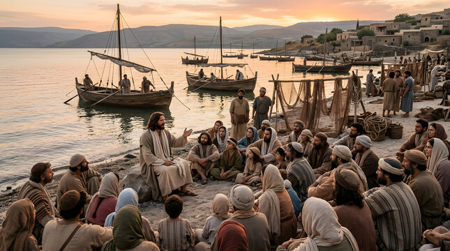 Jesus christ preaching to a crowd of followers by the sea of galilee at sunset