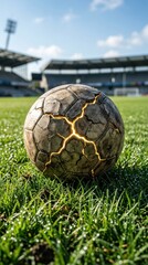 Fototapeta premium Closeup of a cracked old soccer ball on a dewy green field with stadium in background.
