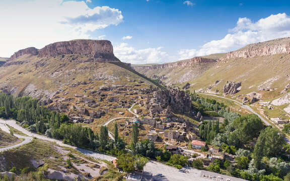 Aerial View of Soganli Valley in Yesilhisar Kayseri Turkey with Ancient Rock Churches Fairy Chimneys and Byzantine Heritage